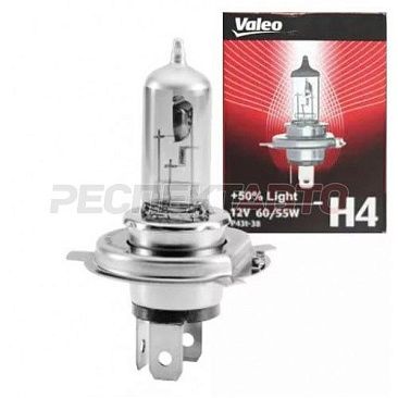 Лампа галогенная Valeo H4 12V 60/55W +50% (1шт)